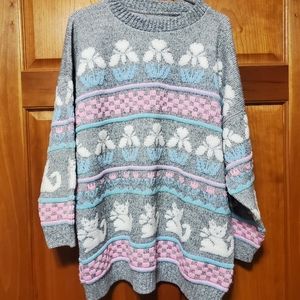 Vintage Kitty Cat Long Sleeve Sweater - 80's Vintage w/ Flowers Cats - Large